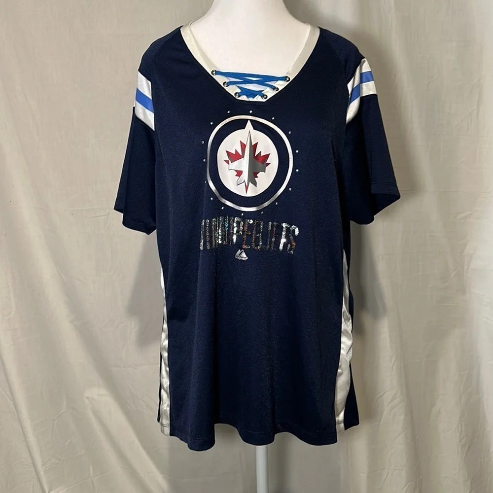 women’s red white & blue Winnipeg Jets NHL jersey size xxl